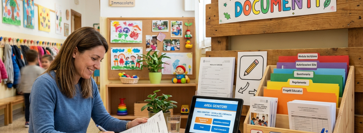 Parent filling out forms beneath “MODULISTICA & DOCUMENTI” sign in preschool office