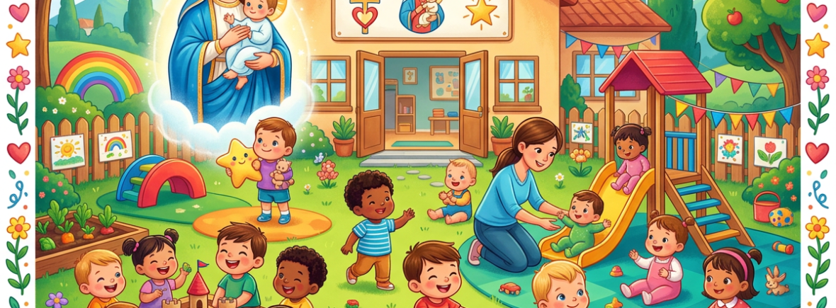 Children playing in a colorful faith-based preschool playground