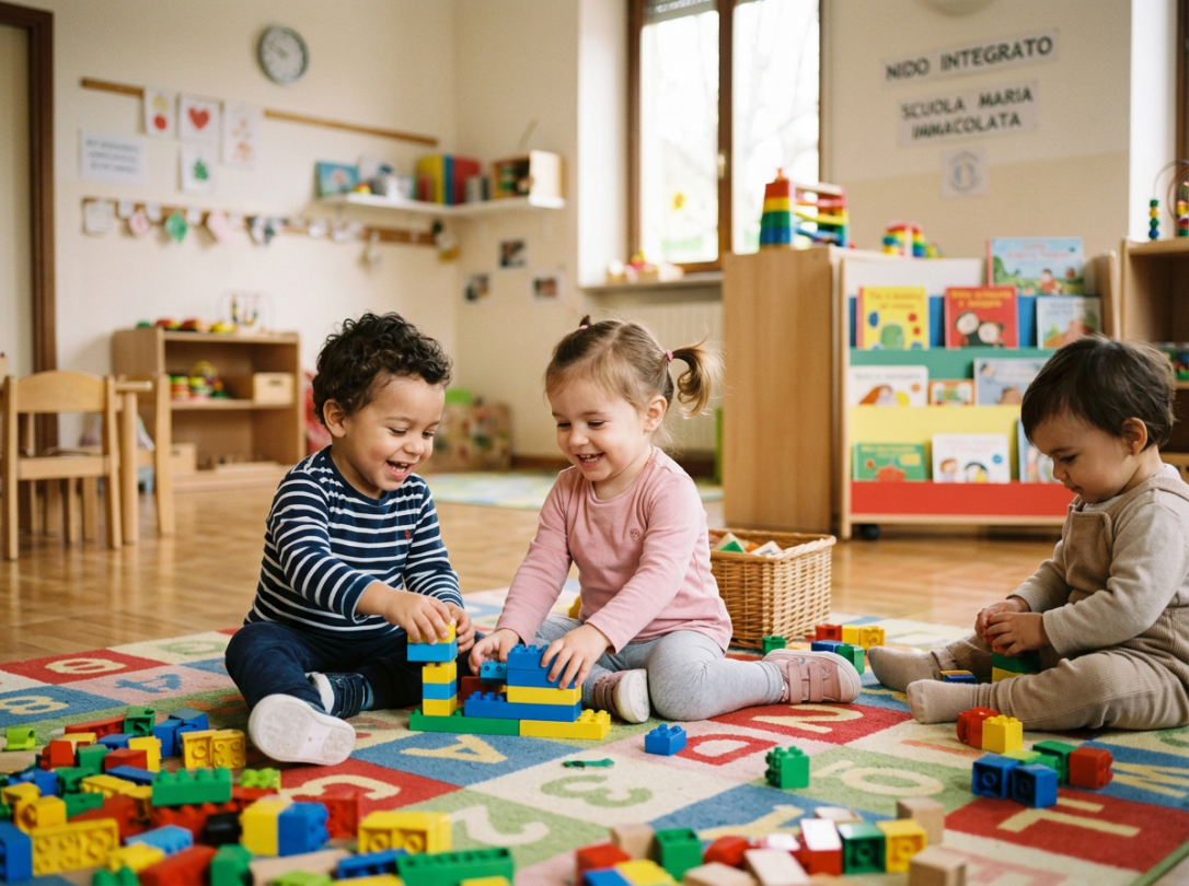 Three children building with blocks under NIDO INTEGRATO SCUOLA MARIA IMMACOLATA sign