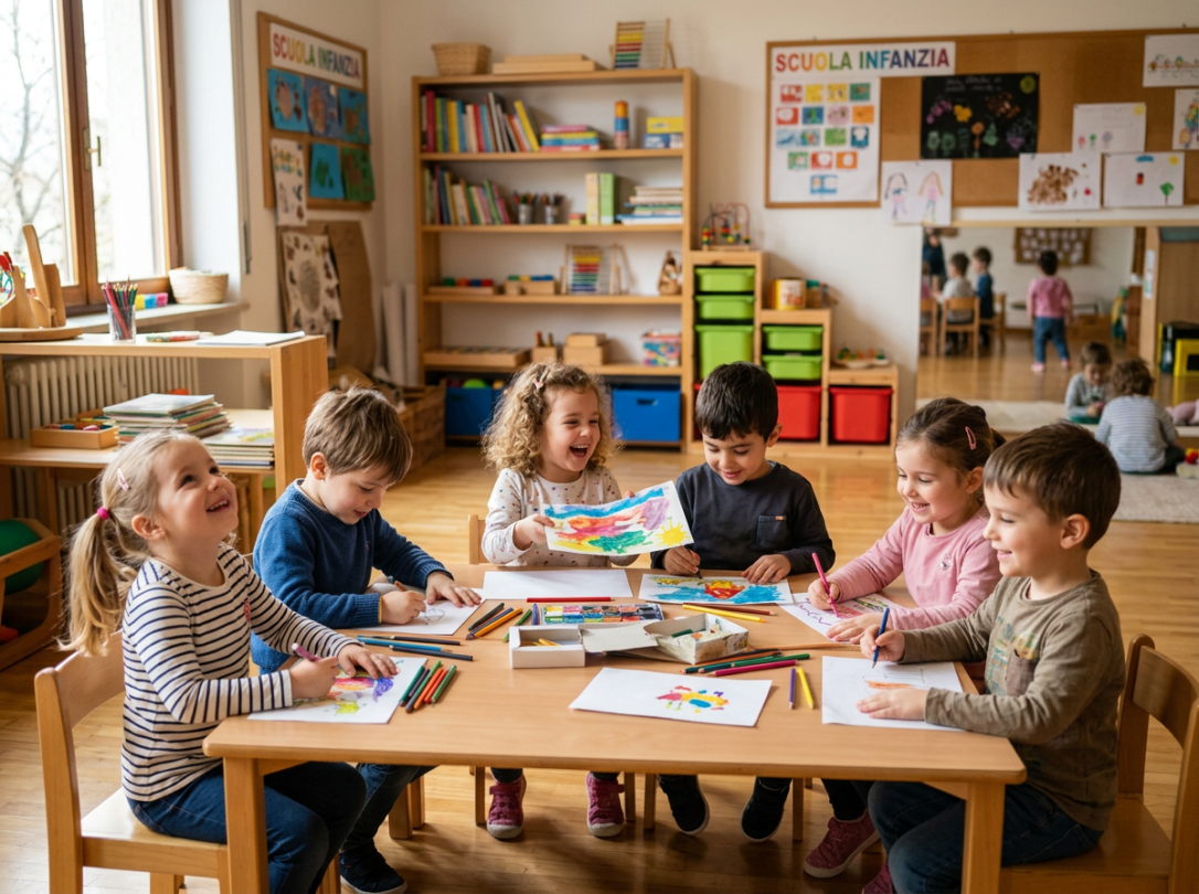 Six preschool children drawing and sharing artwork around a table